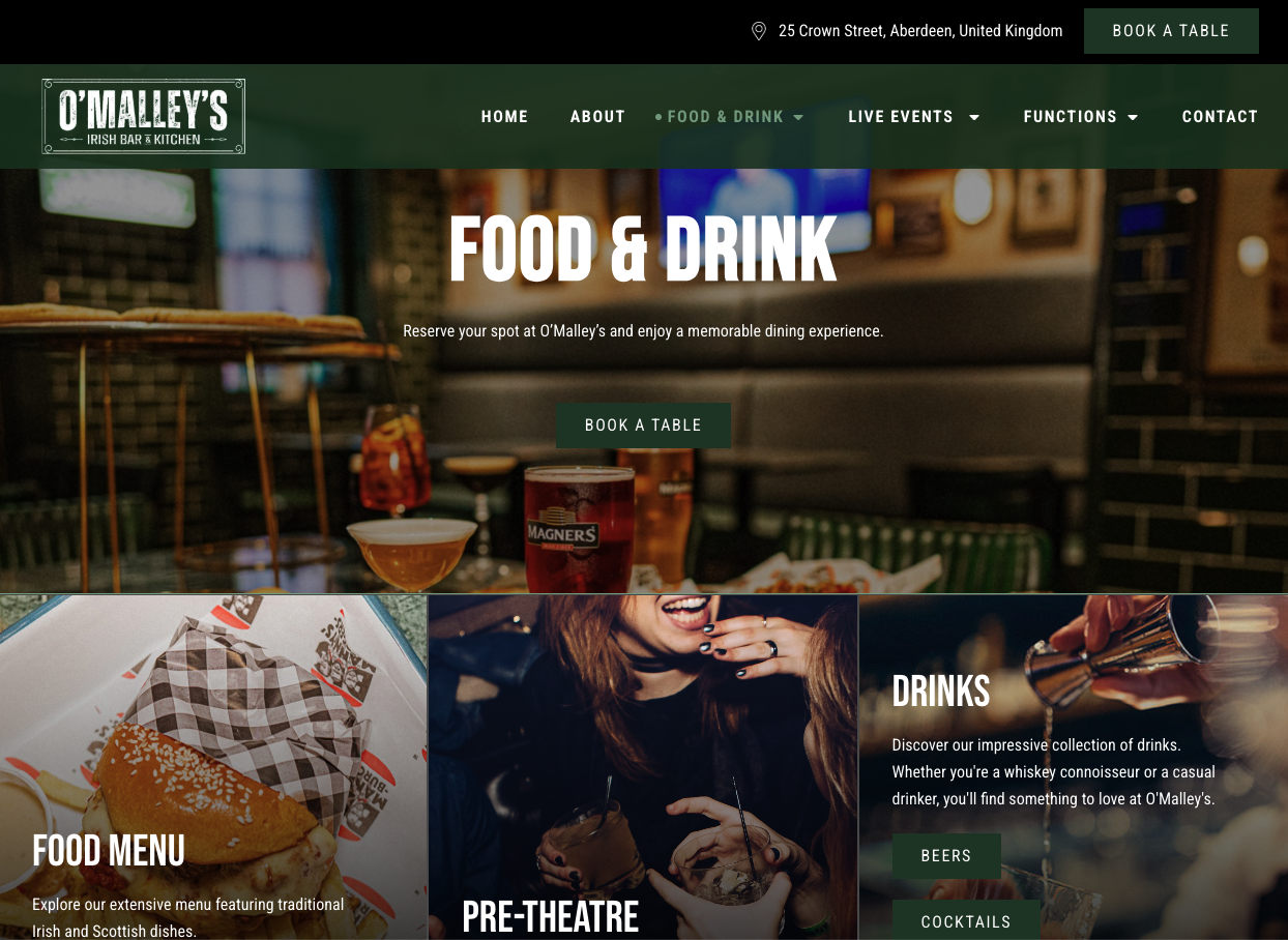 o'malley's irish bar & kitchen webpage food & drink