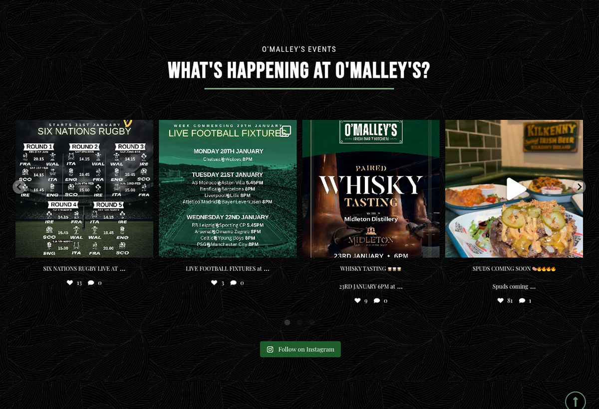 o'malley's irish bar & kitchen webpage happening